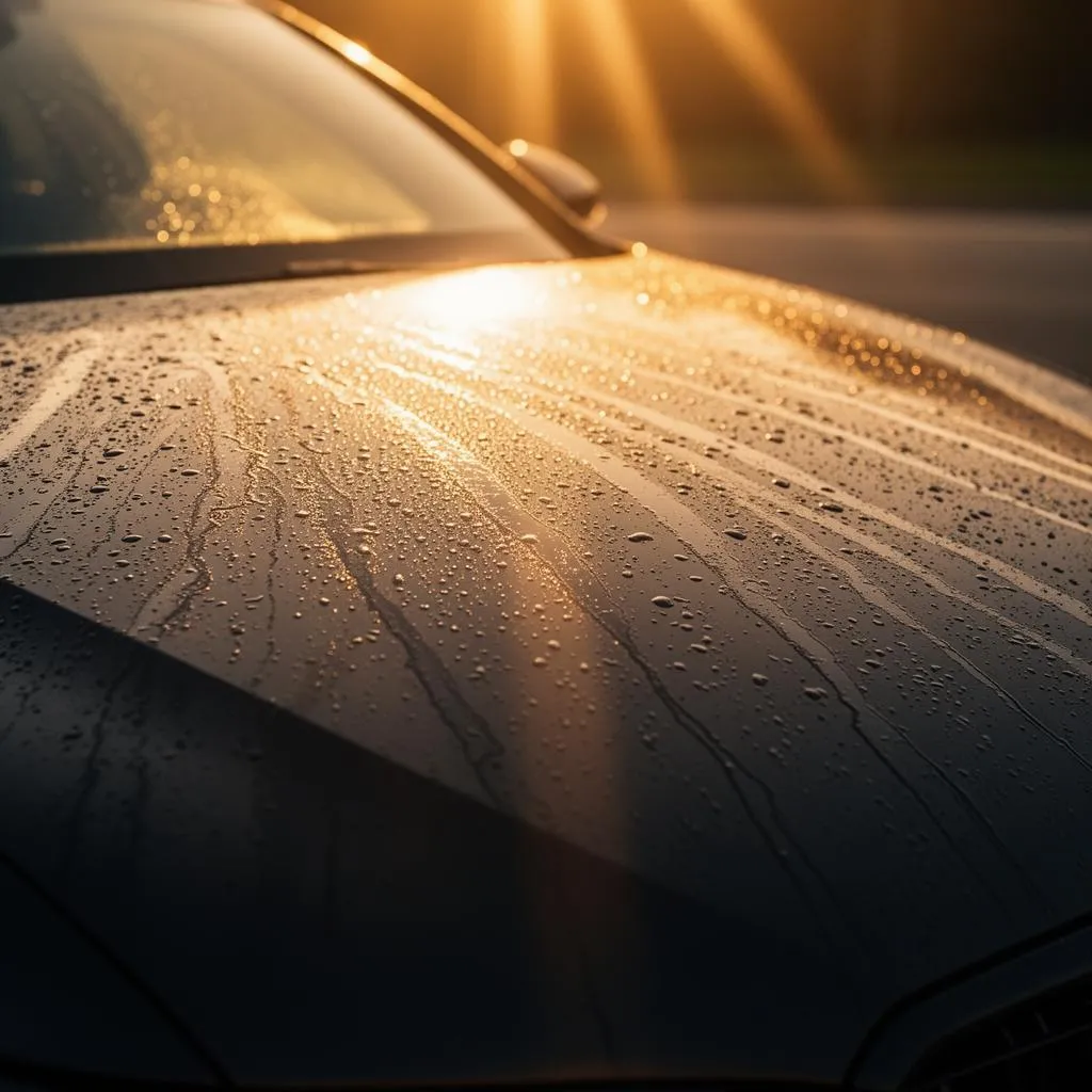 Warm sunlight on protected car paint surface