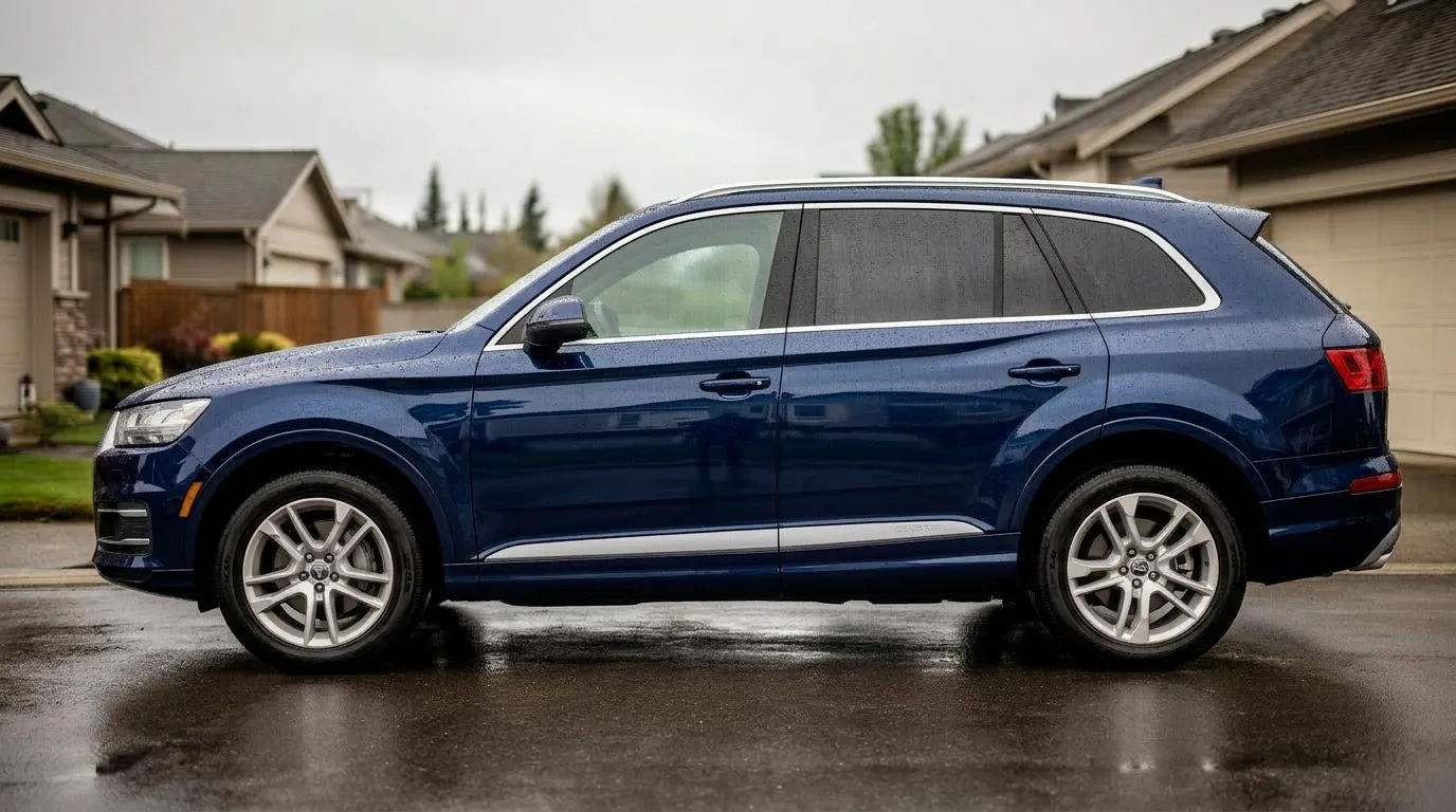 Car with professional ceramic coating showing hydrophobic water beading — We Care Car Care