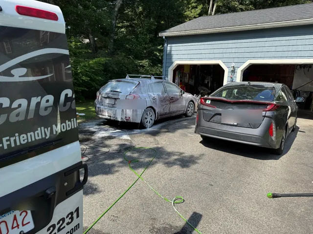 We Care Car Care mobile detailing van on-site washing vehicles in customer driveway