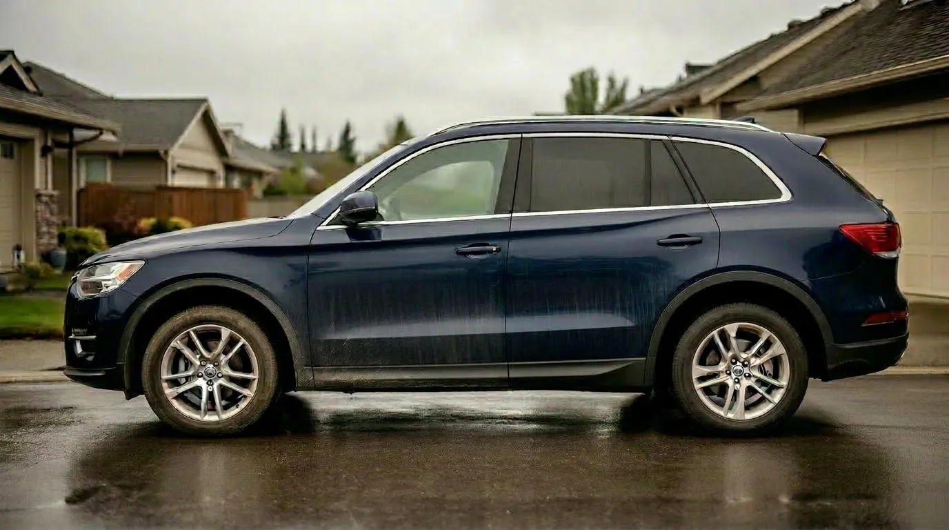 Vehicle without ceramic coating showing dirt accumulation and water spots